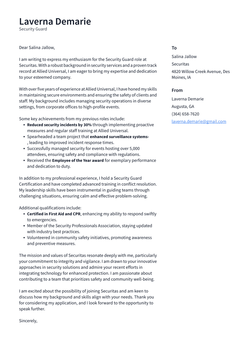 Security Guard Cover Letter Example
