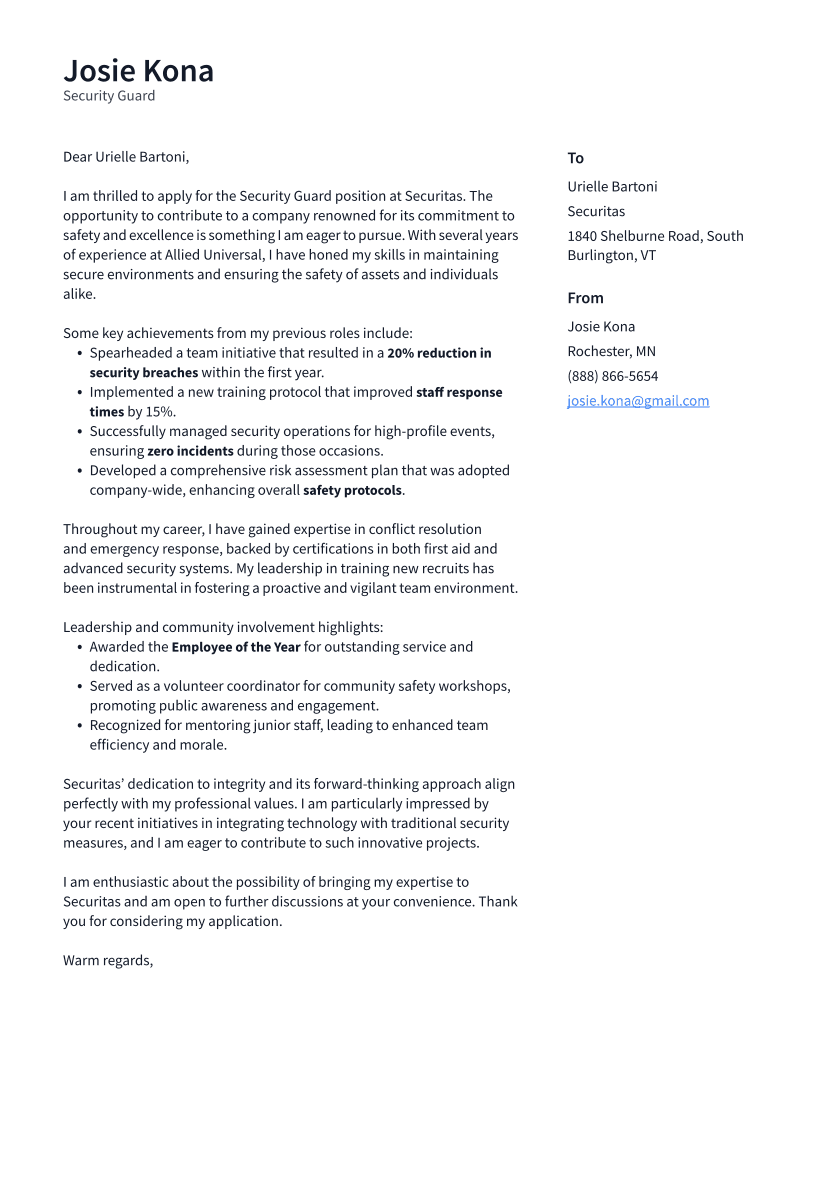 Security Guard Cover Letter Example