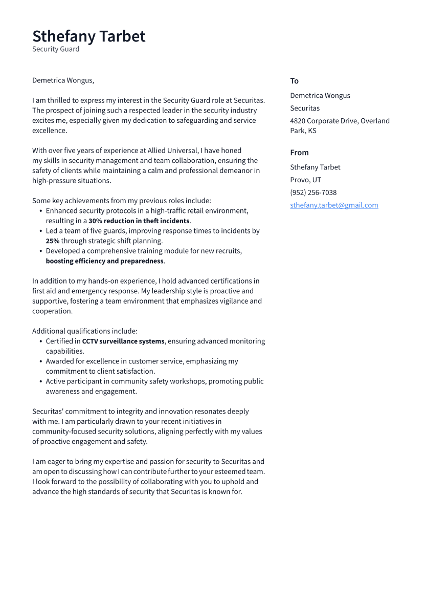 Security Guard Cover Letter Example