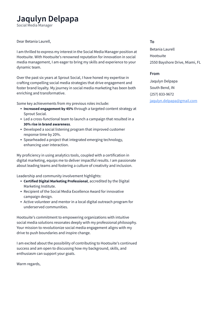 Social Media Manager Cover Letter Example
