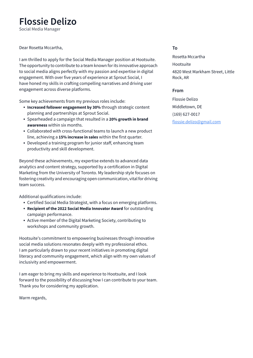 Social Media Manager Cover Letter Example