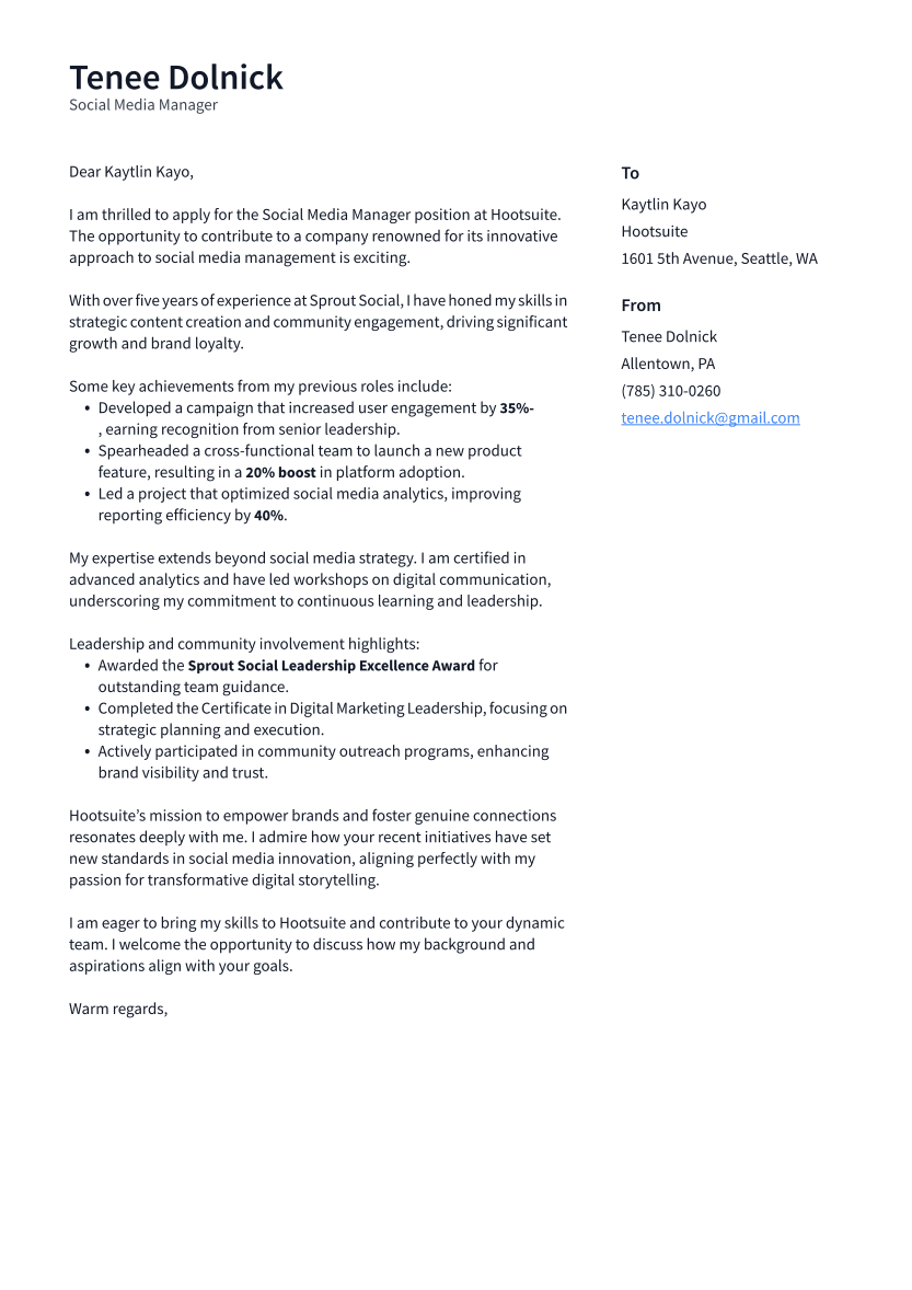 Social Media Manager Cover Letter Example
