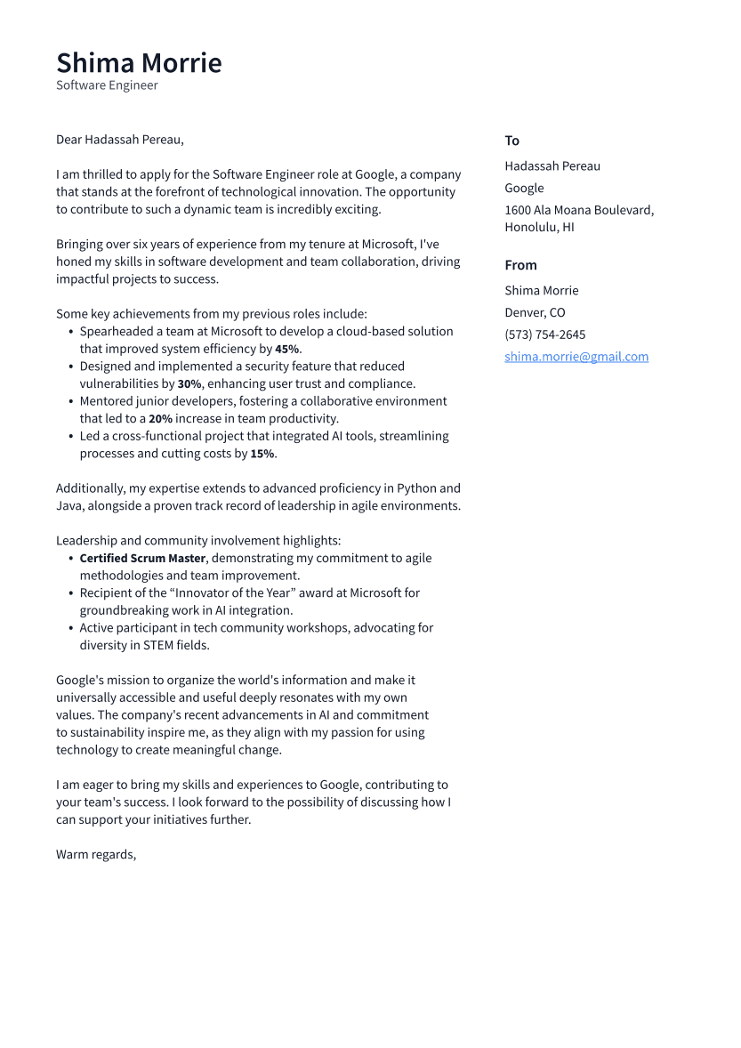 Software Engineer Cover Letter Example