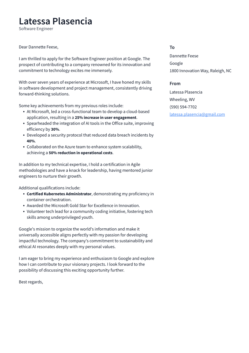 Software Engineer Cover Letter Example