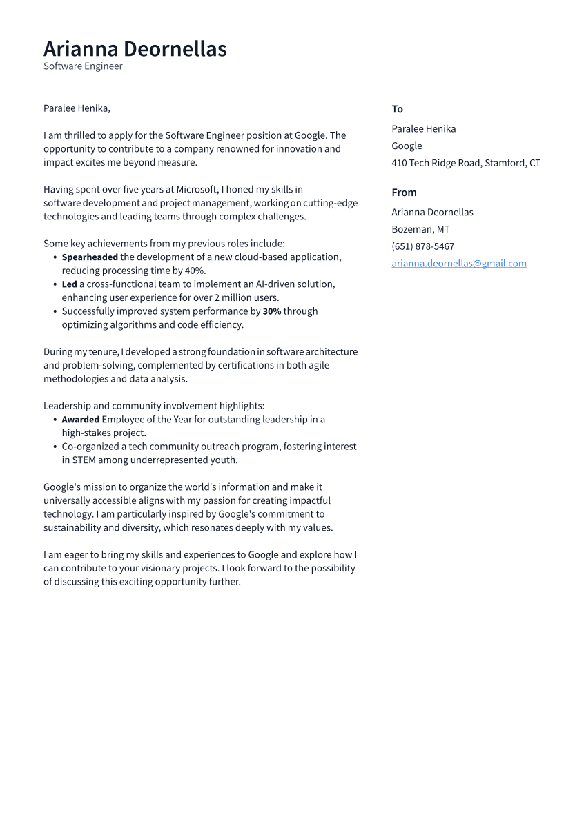 Software Engineer Cover Letter Example