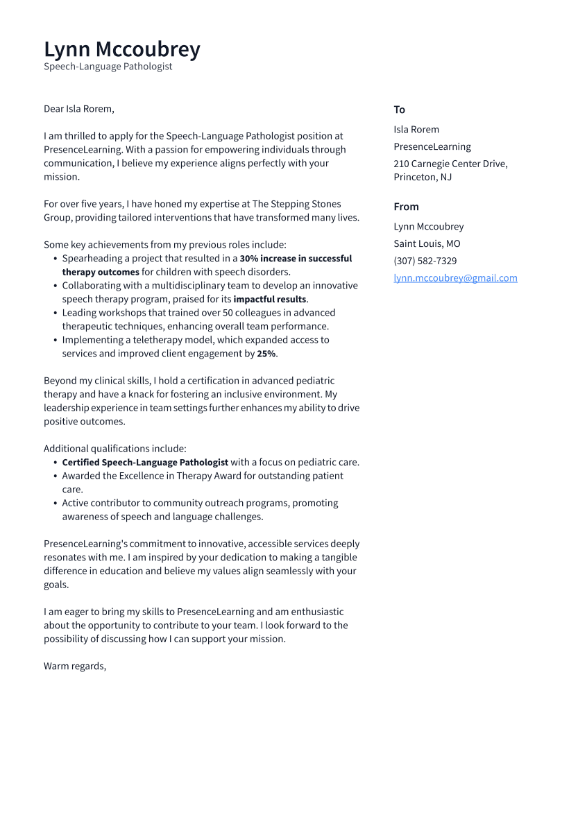 Speech-Language Pathologist Cover Letter Example