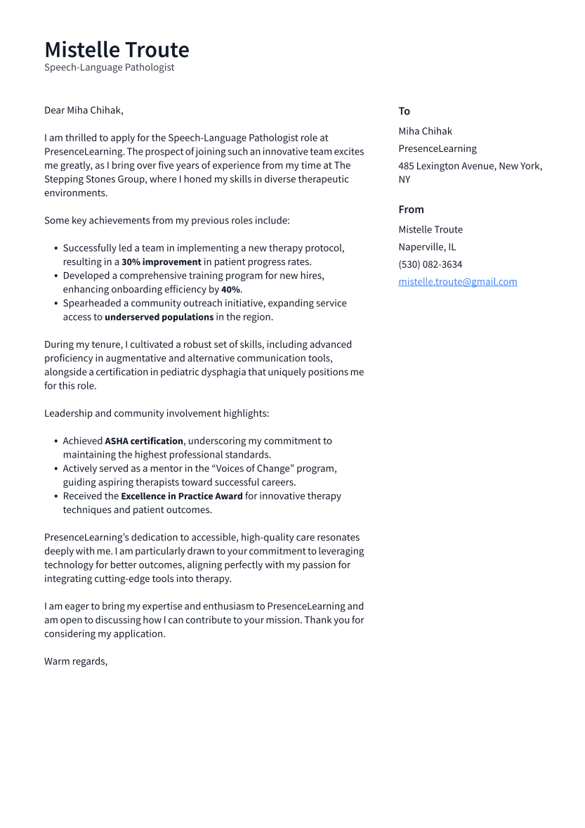 Speech-Language Pathologist Cover Letter Example