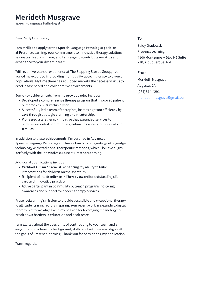 Speech-Language Pathologist Cover Letter Example