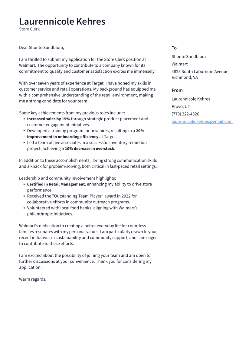 Store Clerk Cover Letter Example
