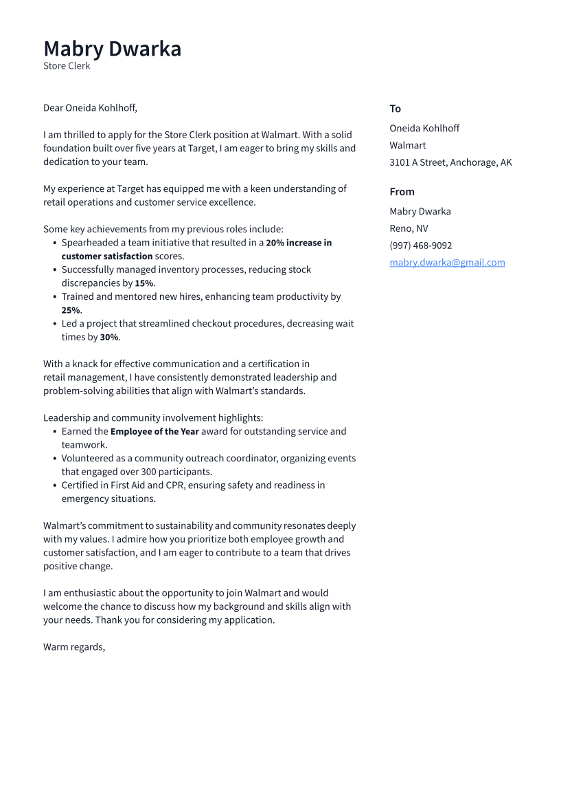 Store Clerk Cover Letter Example