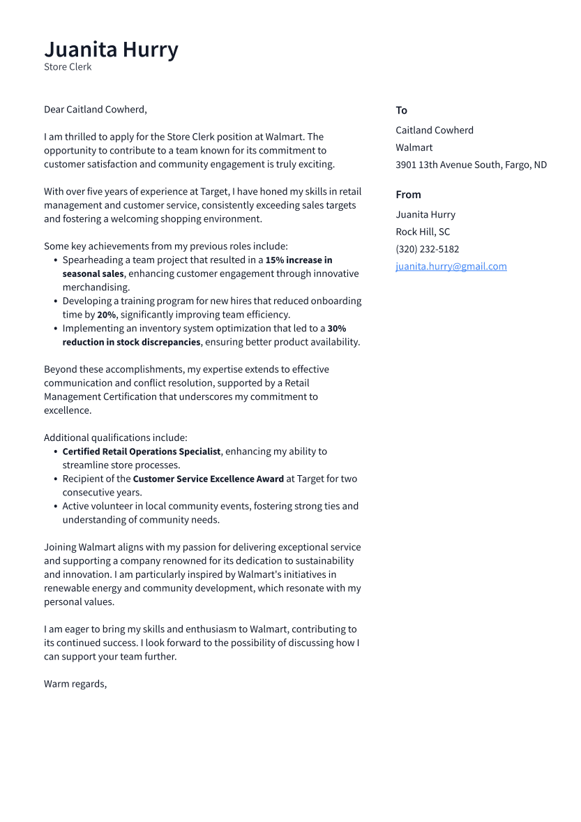 Store Clerk Cover Letter Example