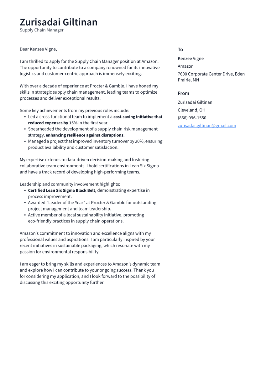 Supply Chain Manager Cover Letter Example