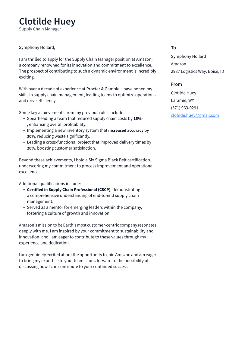 Supply Chain Manager Cover Letter Example