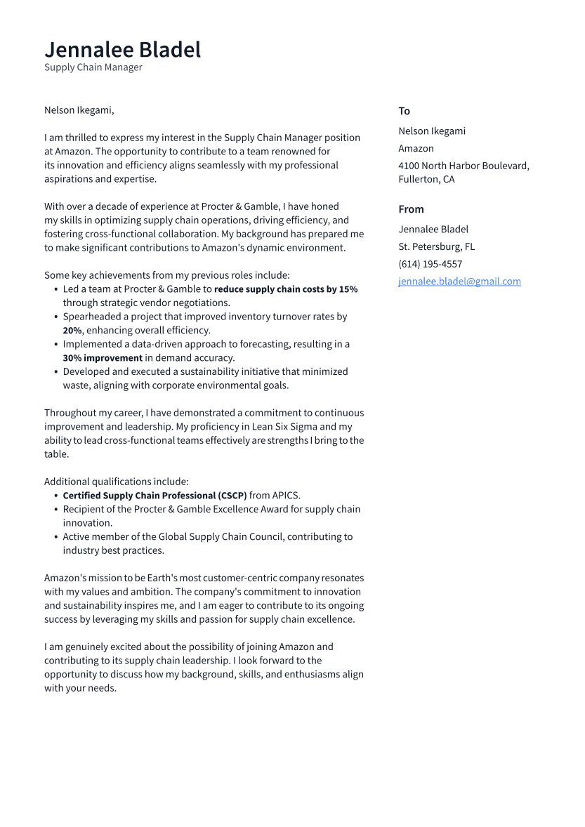 Supply Chain Manager Cover Letter Example