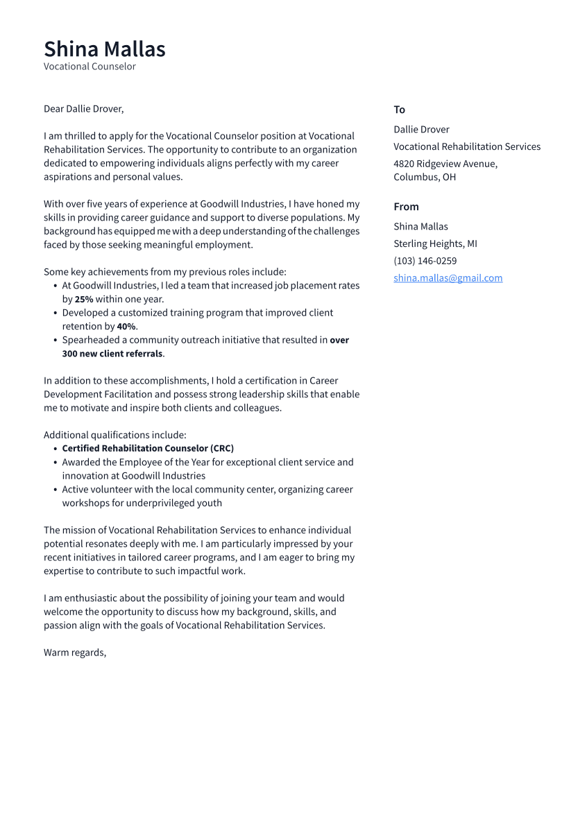 Vocational Counselor Cover Letter Example