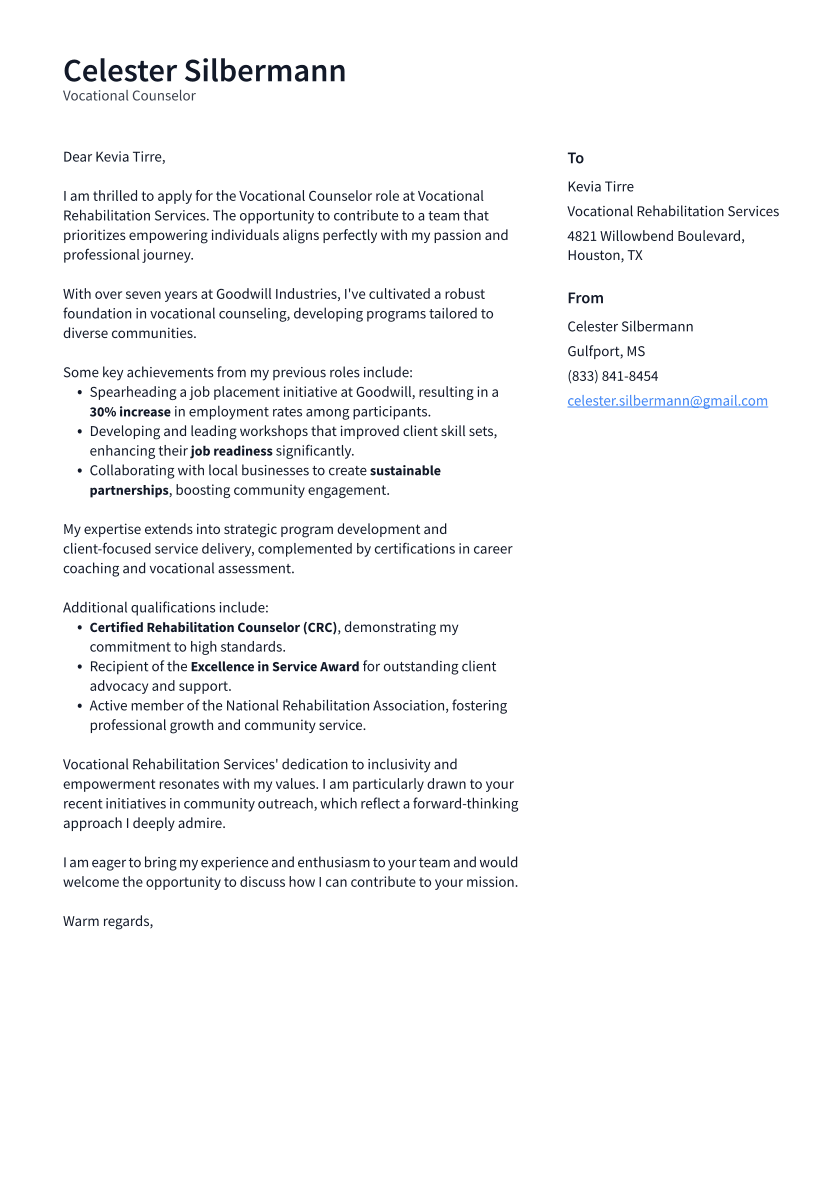 Vocational Counselor Cover Letter Example