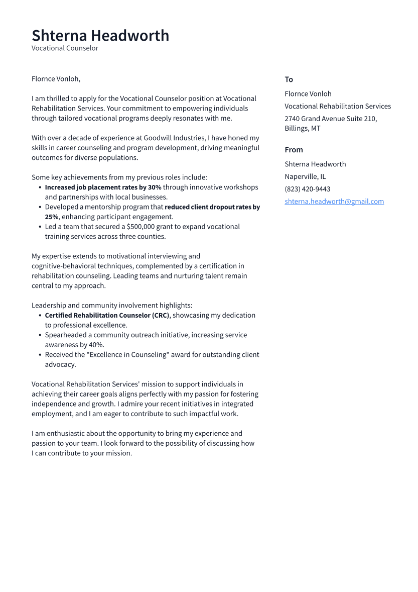 Vocational Counselor Cover Letter Example