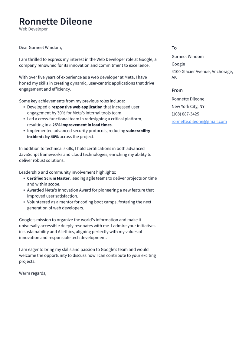 Web Developer Cover Letter Example