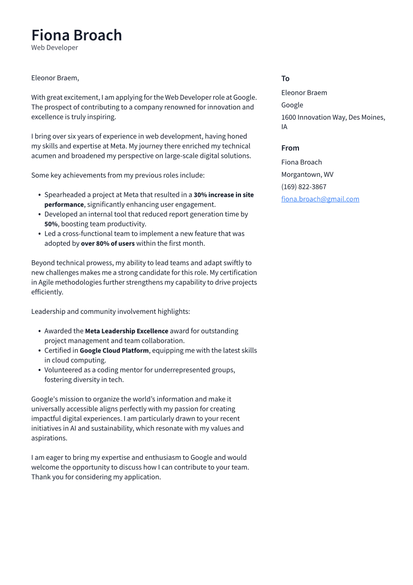 Web Developer Cover Letter Example