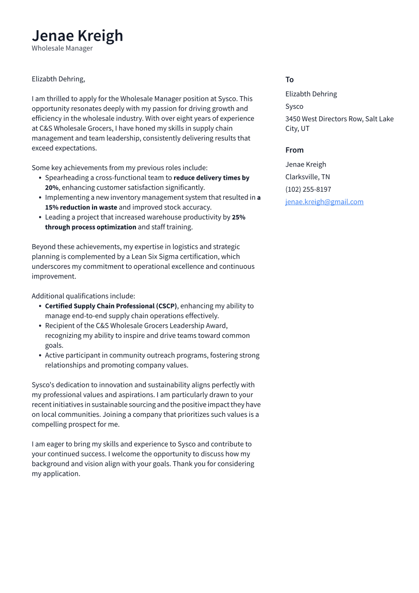 Wholesale Manager Cover Letter Example