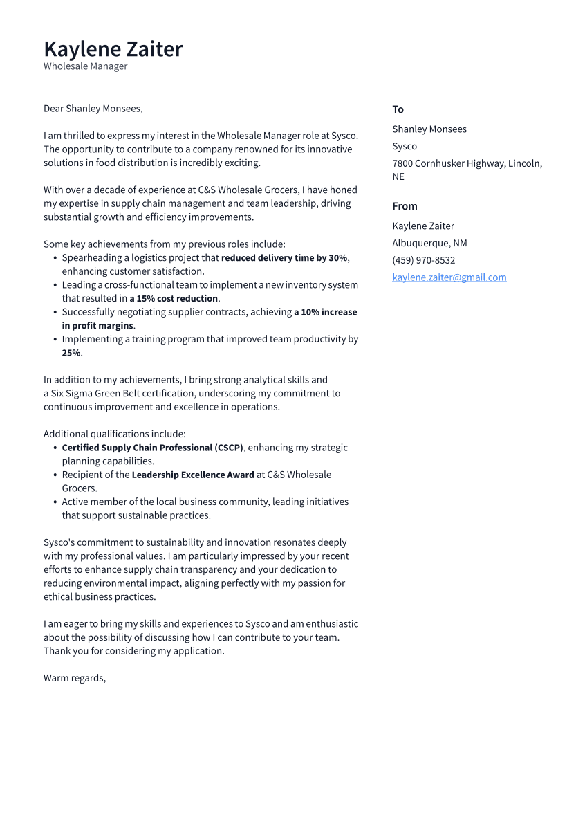 Wholesale Manager Cover Letter Example