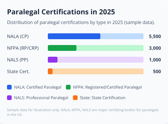 Bar chart showing 2025 paralegal certifications by type: NALA, NFPA, NALS, and State Certification