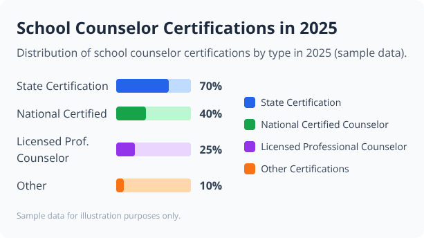 Bar chart showing 2025 school counselor certification types: State 70%, National 40%, Licensed 25%, Other 10%