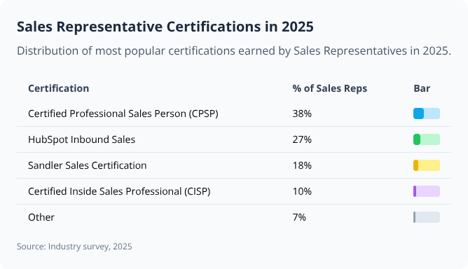 Bar chart table showing 2025 certification percentages for Sales Representatives, with five certifications compared