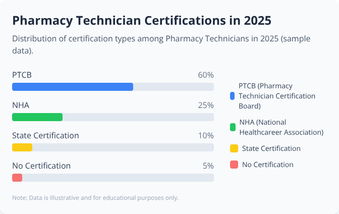 Bar graph showing 2025 Pharmacy Technician certification types: PTCB 60%, NHA 25%, State 10%, No Certification 5% Bar graph showing 2025 Pharmacy Technician certification types: PTCB 60%, NHA 25%, State 10%, No Certification 5%