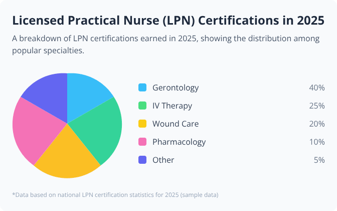 Pie chart showing 2025 LPN certifications by specialty: Gerontology 40%, IV Therapy 25%, Wound Care 20%, Pharmacology 10%, Other 5%
