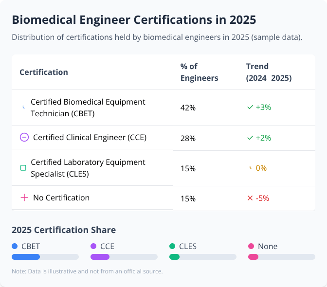 Table and bar chart showing 2025 certification distribution for biomedical engineers, including CBET, CCE, CLES, and no certification Table and bar chart showing 2025 certification distribution for biomedical engineers, including CBET, CCE, CLES, and no certification
