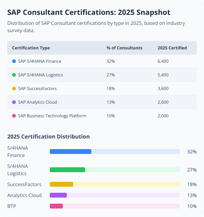 Table and bar chart showing 2025 SAP Consultant certification distribution by type and percentage