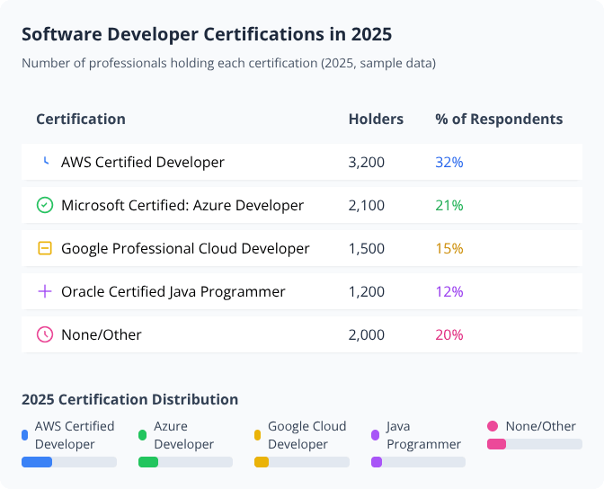 Table and bar graph showing 2025 software developer certification distribution by type and percentage Table and bar graph showing 2025 software developer certification distribution by type and percentage