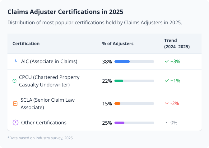 Table chart showing 2025 Claims Adjuster certification distribution and trends for AIC, CPCU, SCLA, and others