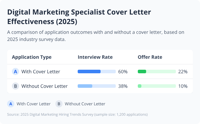 Table comparing 2025 interview and offer rates for Digital Marketing Specialist applicants with and without cover letters