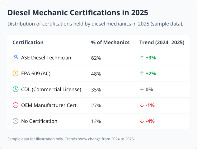 Table showing 2025 diesel mechanic certification types, percentages, and trends compared to 2024