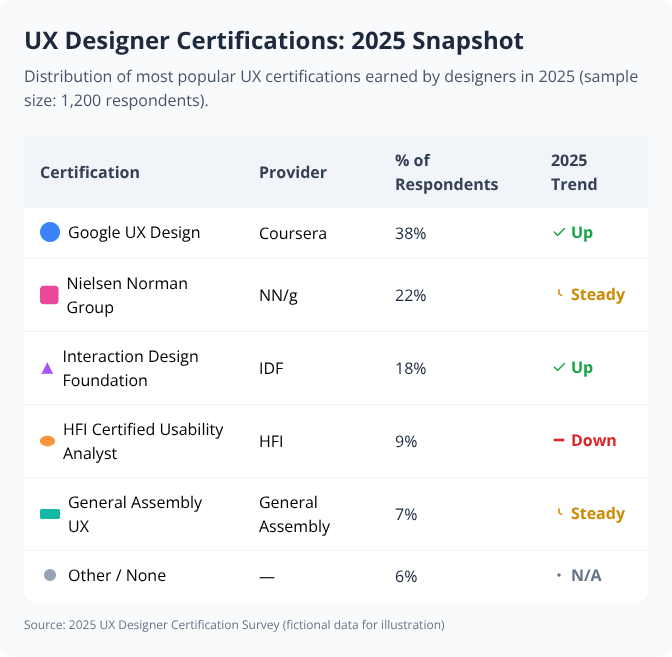 Table showing 2025 distribution and trends of popular UX Designer certifications among survey respondents