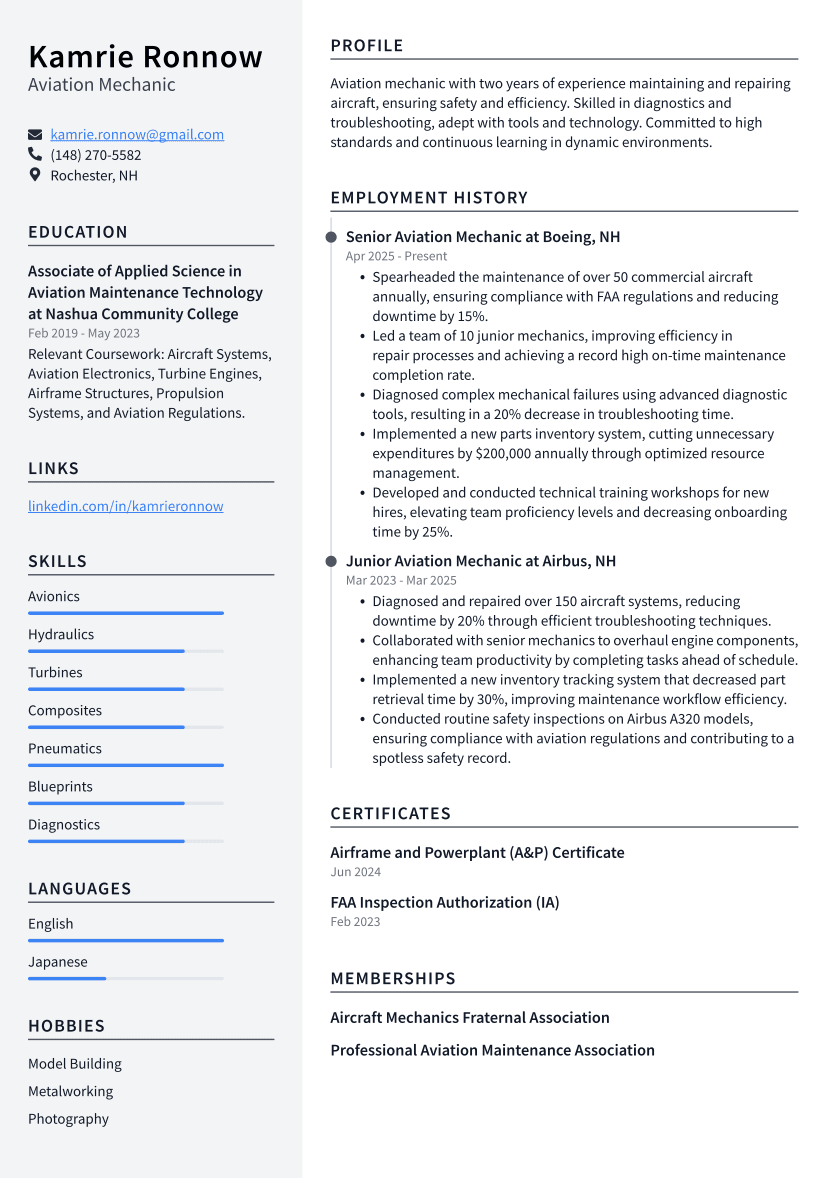Aviation Mechanic Resume Example