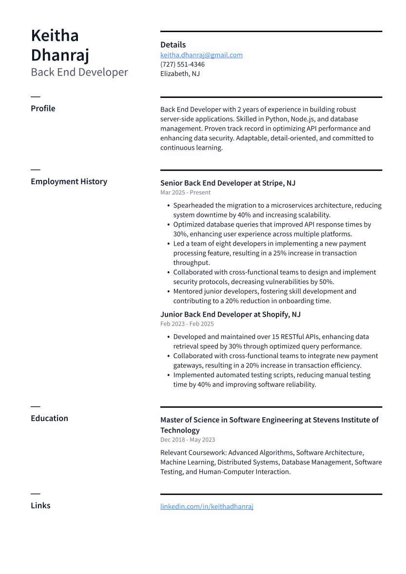 Back End Developer Resume Example