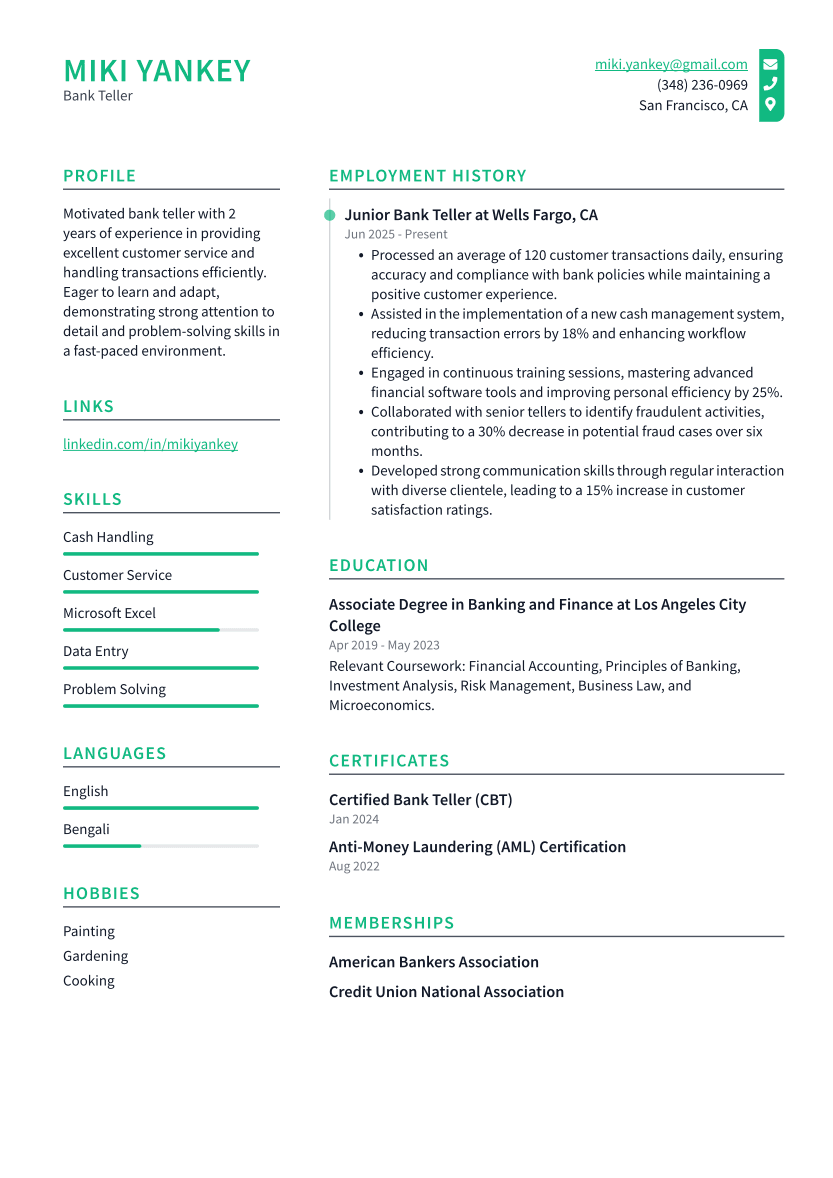 Bank Teller Resume Example