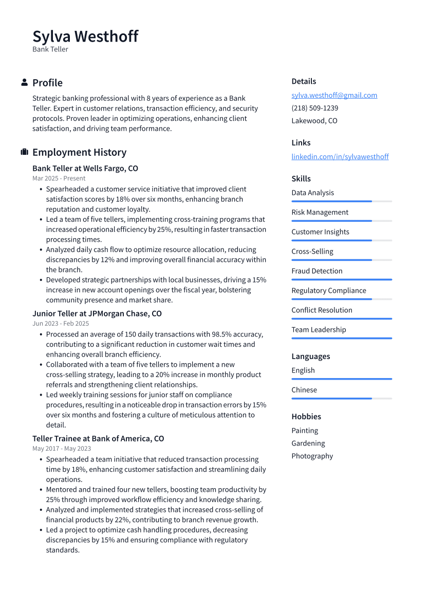 Bank Teller Resume Example