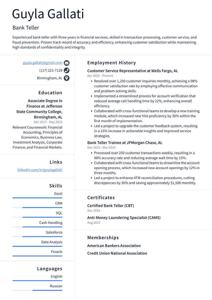 Bank Teller Resume Example