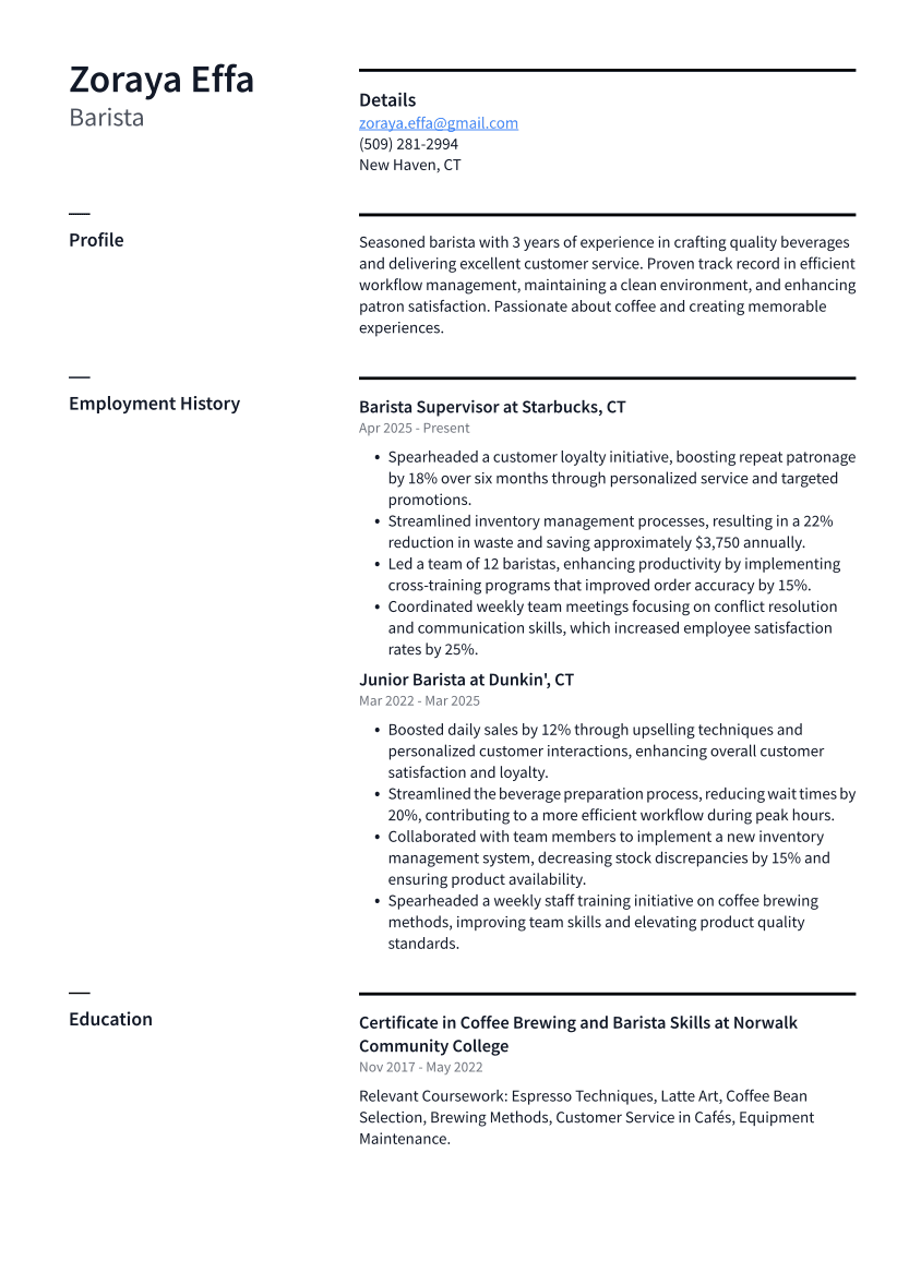 Barista Resume Example
