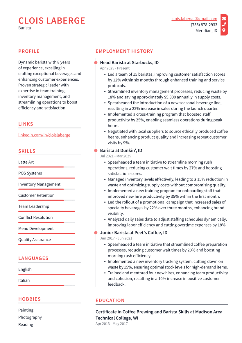 Barista Resume Example