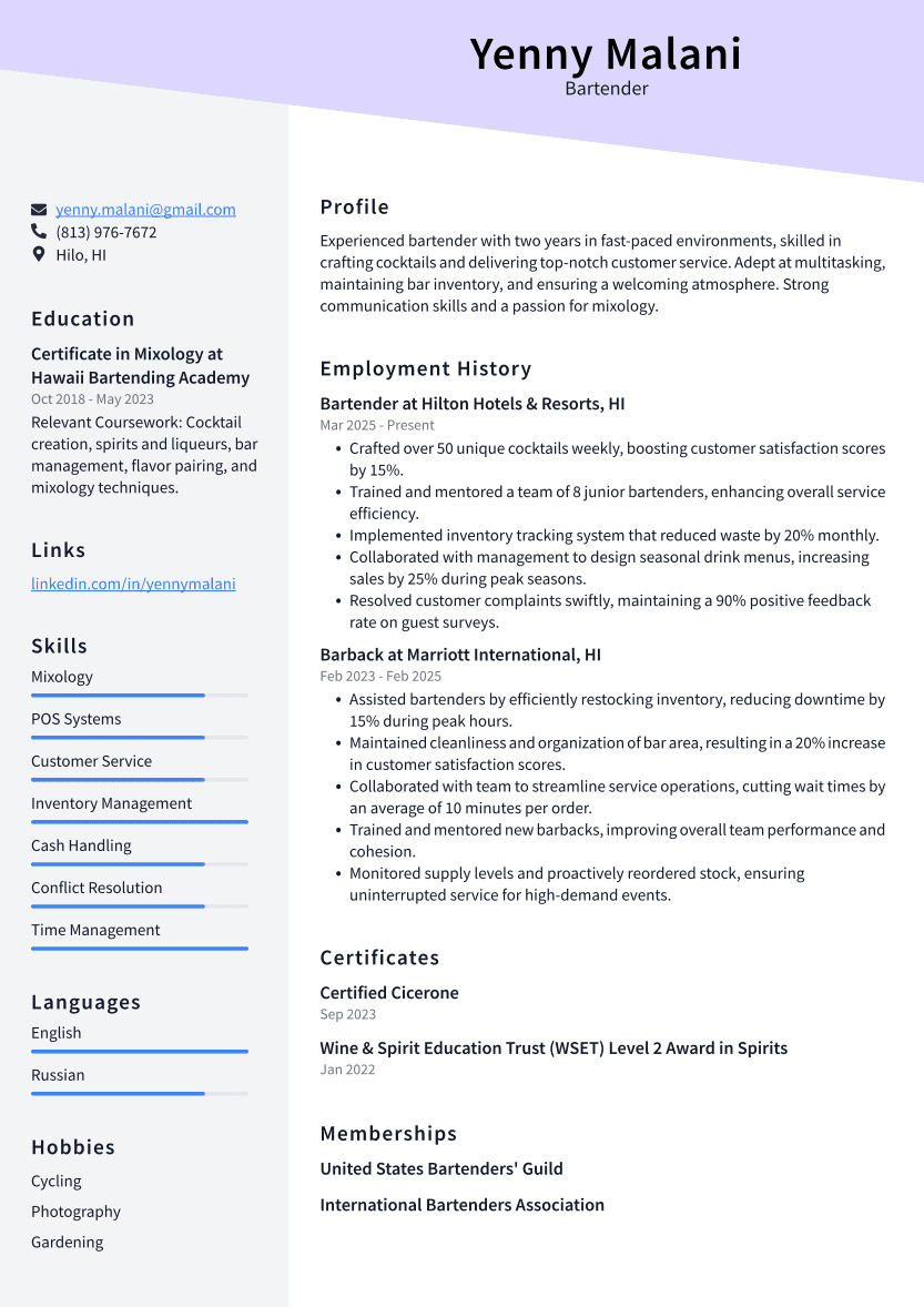 Bartender Resume Example