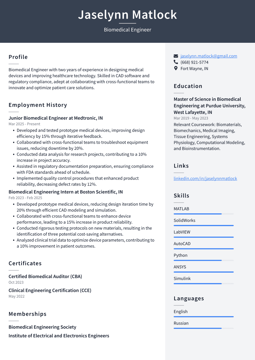 Biomedical Engineer Resume Example