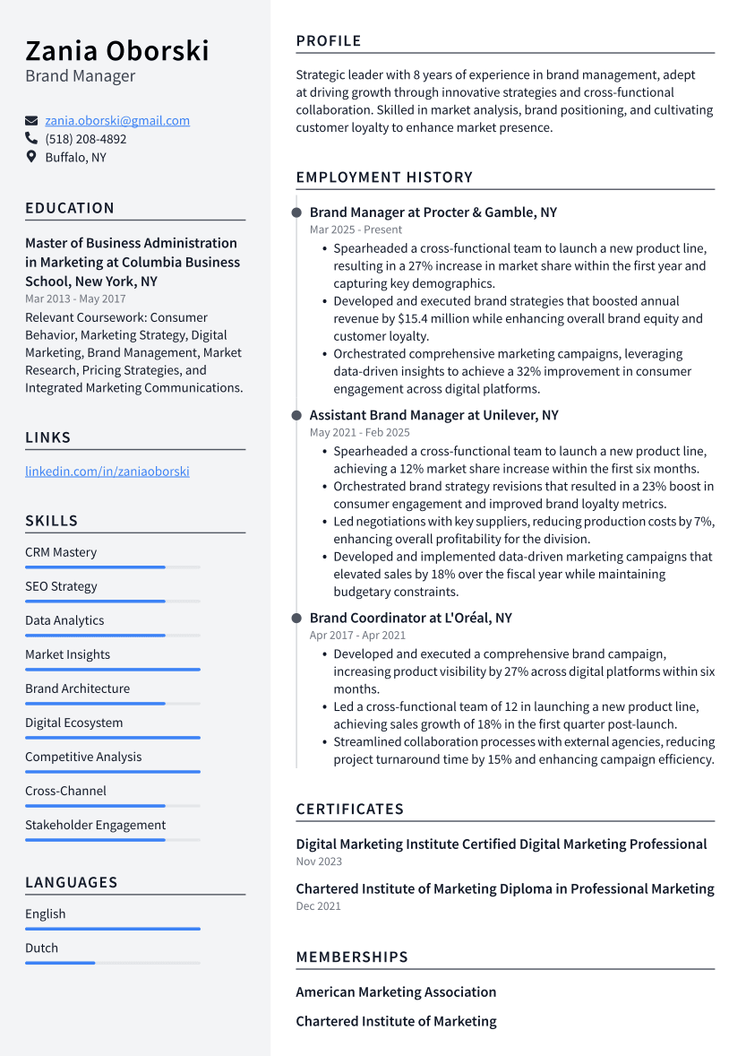 Brand Manager Resume Example