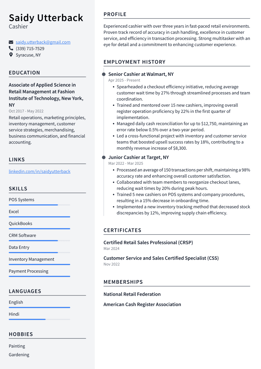 Cashier Resume Example