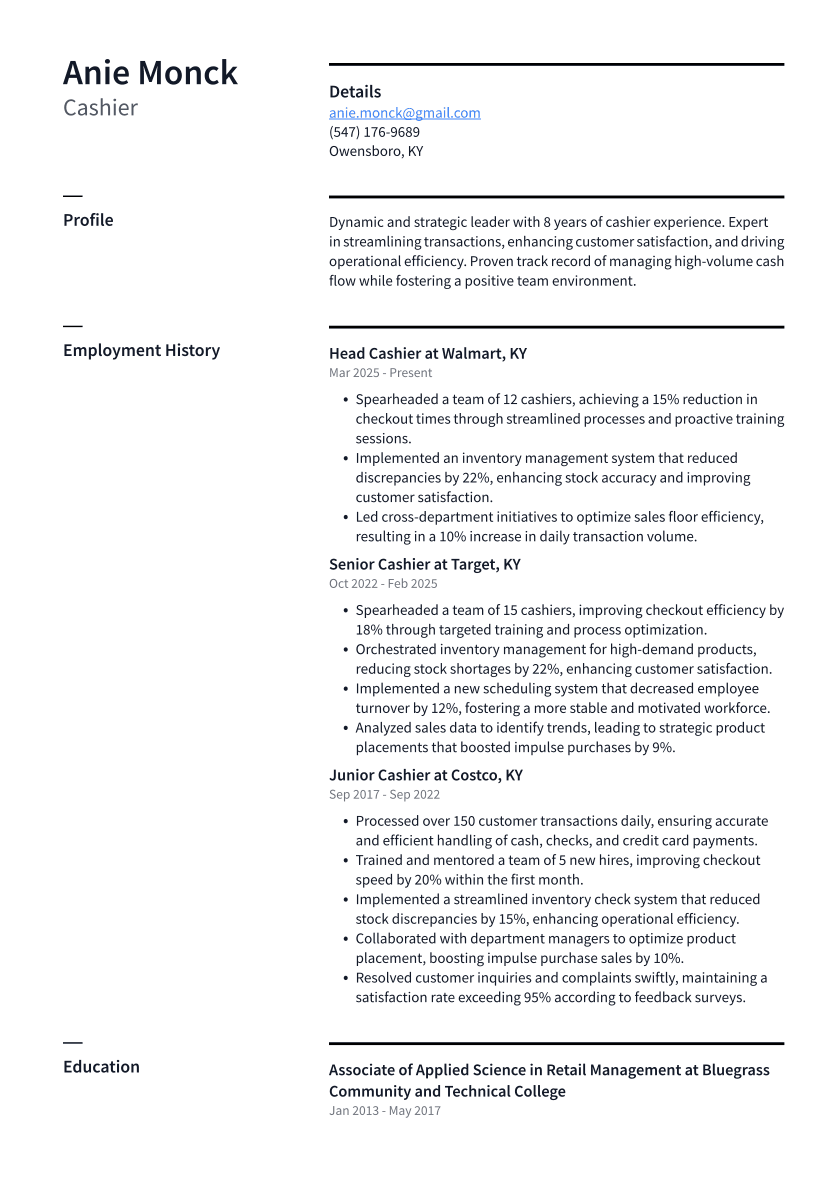 Cashier Resume Example