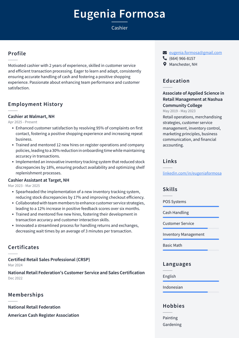 Cashier Resume Example